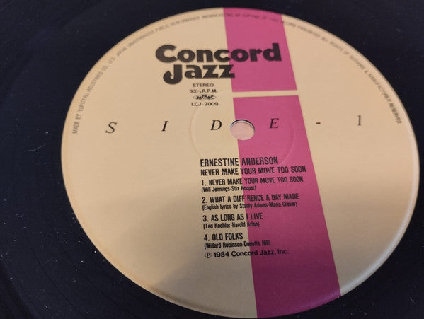 Ernestine Anderson - Never Make Your Move Too Soon (Vinyl, LP, Album, Stereo) Very Good Plus (VG+) / Very Good (VG)