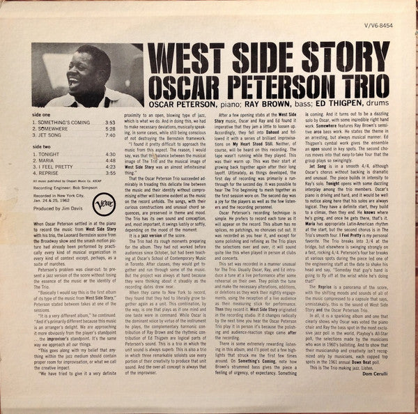 The Oscar Peterson Trio - West Side Story (Vinyl, LP, Album, Reissue, Stereo) Very Good Plus (VG+) / Good Plus (G+)
