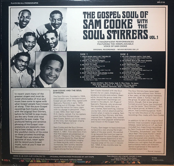 Sam Cooke - The Gospel Soul Of Sam Cooke With The Soul Stirrers Vol. 1 (Vinyl, LP, Compilation, Reissue, Stereo) Very Good Plus (VG+) / Very Good (VG)