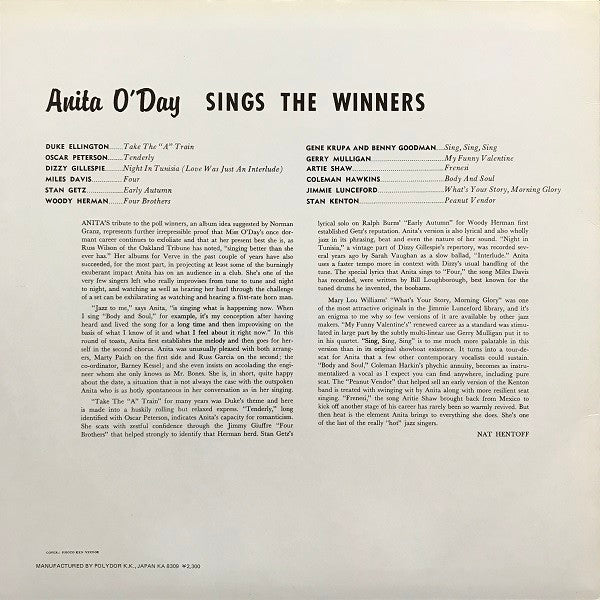 Anita O'Day - Anita O'Day Sings The Winners (Vinyl, LP, Album, Reissue, Stereo) Very Good Plus (VG+) / Near Mint (NM or M-)