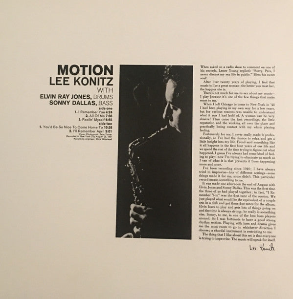 Lee Konitz - Motion (Vinyl, LP, Album, Reissue) Very Good Plus (VG+) / Near Mint (NM or M-)