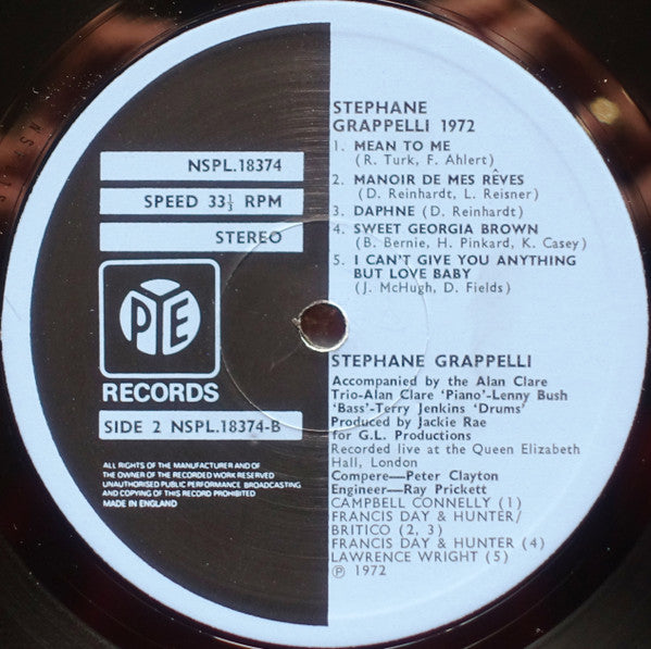 Stéphane Grappelli - Stéphane Grappelli 1972 (Recorded Live At The Queen Elizabeth Hall London) (Vinyl, LP, Album, Stereo) Very Good Plus (VG+) / Very Good Plus (VG+)