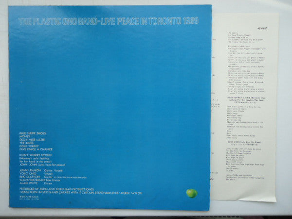The Plastic Ono Band - Live Peace In Toronto 1969 (Vinyl, LP, Album, Reissue) Very Good Plus (VG+) / Very Good (VG)