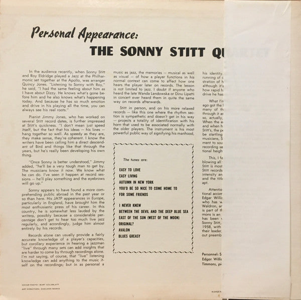 Sonny Stitt Quartet - Personal Appearance (Vinyl, LP, Album, Reissue, Mono) Very Good Plus (VG+) / Very Good Plus (VG+)