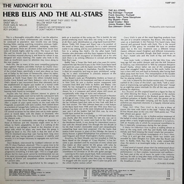 Herb Ellis And The All-Stars - The Midnight Roll (Vinyl, LP, Album, Reissue, Stereo) Very Good Plus (VG+) / Very Good (VG)