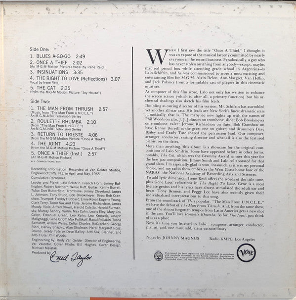 Lalo Schifrin - Music From The Motion Picture "Once A Thief" And Other Themes (Vinyl, LP, Album, Stereo) Good Plus (G+) / Good (G)