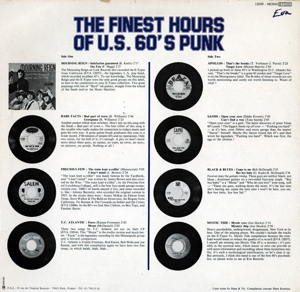 Various - The Finest Hours Of U.S. 60's Punk (Vinyl, LP, Compilation, Mono) Very Good Plus (VG+) / Very Good Plus (VG+)