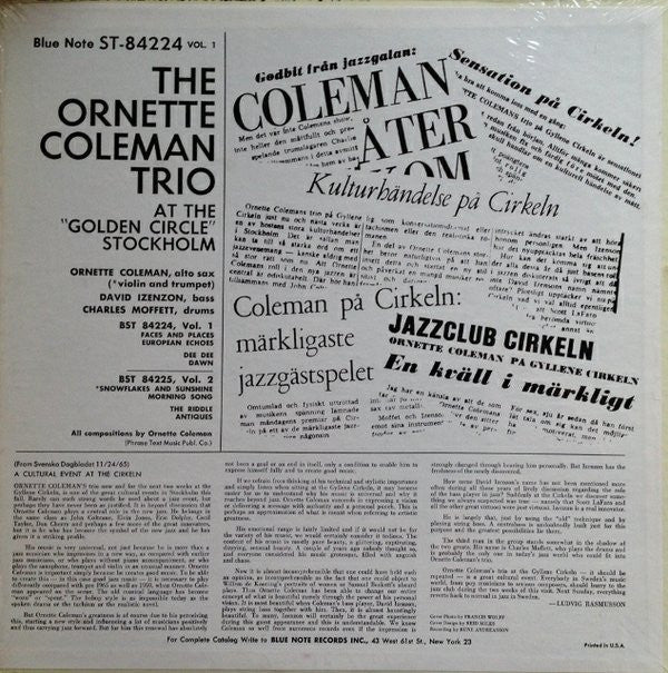 The Ornette Coleman Trio - At The "Golden Circle" Stockholm (Volume One) (Vinyl, LP, Album, Reissue, Stereo) Good Plus (G+) / Very Good Plus (VG+)