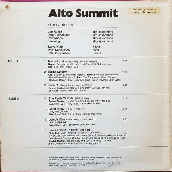 Lee Konitz - Alto Summit (Vinyl, LP, Album, Stereo) Good Plus (G+) / Very Good (VG)