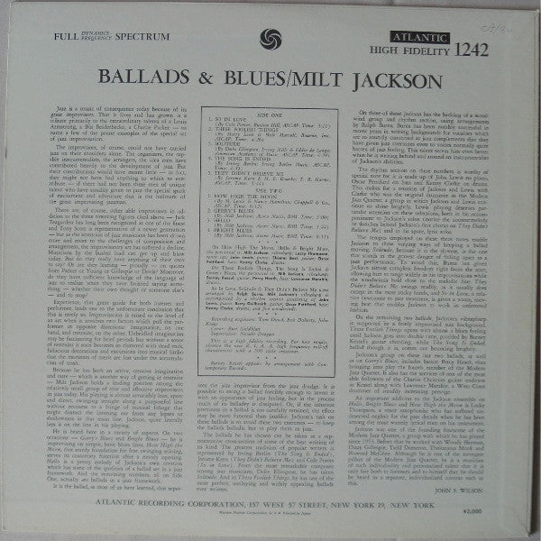 Milt Jackson - Ballads & Blues (Vinyl, LP, Album, Reissue, Mono) Very Good Plus (VG+) / Very Good (VG)