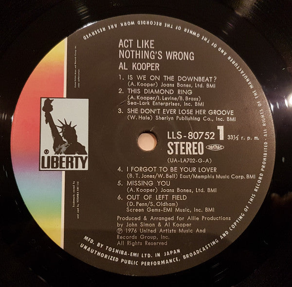 Al Kooper - Act Like Nothing's Wrong (Vinyl, LP, Album) Very Good Plus (VG+) / Very Good (VG)
