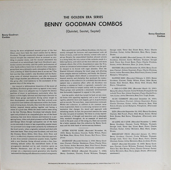 Benny Goodman - Benny Goodman Combos (Quintet, Sextet, Septet) (Vinyl, LP, Compilation, Reissue, Mono) Very Good Plus (VG+) / Very Good Plus (VG+)
