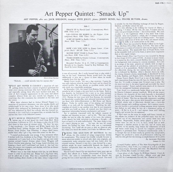 Art Pepper Quintet - Smack Up (Vinyl, LP, Album, Reissue, Stereo) Good Plus (G+) / Very Good (VG)