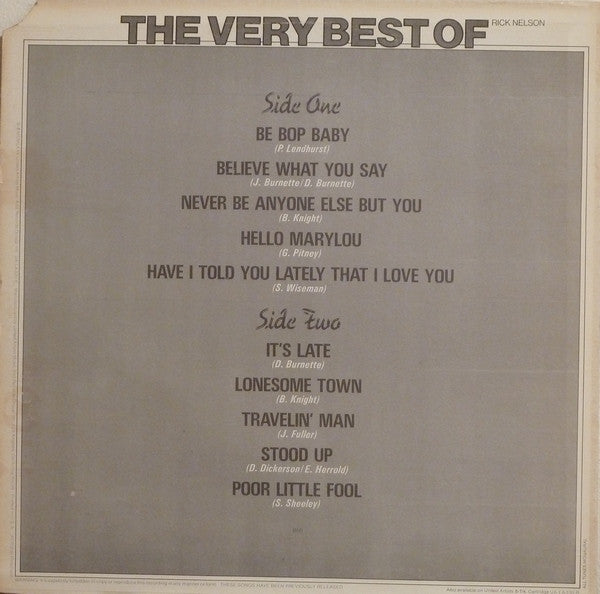 Ricky Nelson (2) - The Very Best Of Rick Nelson (Vinyl, LP, Compilation, Mono) Very Good (VG) / Good Plus (G+)