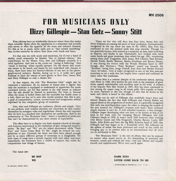 Stan Getz - For Musicians Only (Vinyl, LP, Album, Reissue, Mono)