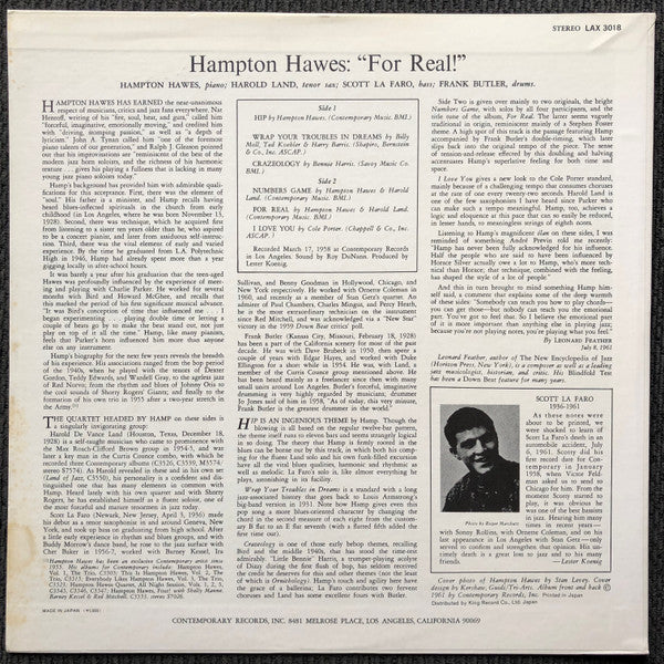 Hampton Hawes - For Real! (Vinyl, LP, Album, Limited Edition, Reissue, Stereo) Very Good (VG) / Very Good (VG)