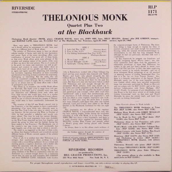 The Thelonious Monk Quartet - At The Blackhawk (Vinyl, LP, Album, Reissue, Stereo) Very Good Plus (VG+) / Very Good (VG)