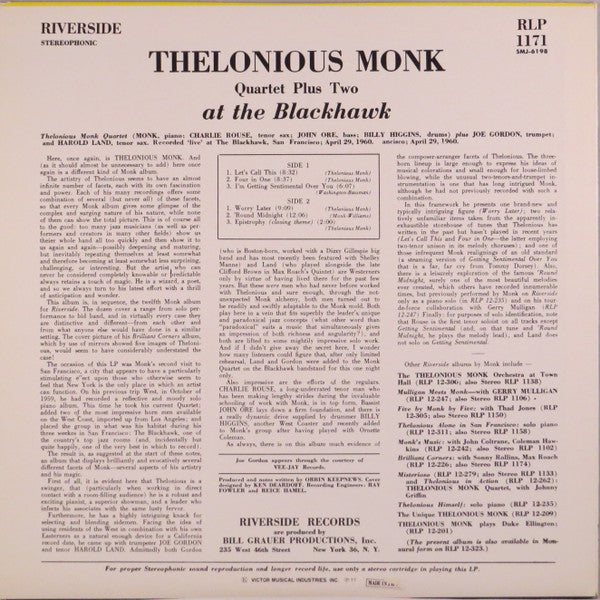The Thelonious Monk Quartet - At The Blackhawk (Vinyl, LP, Album, Reissue, Stereo) Very Good Plus (VG+) / Very Good Plus (VG+)