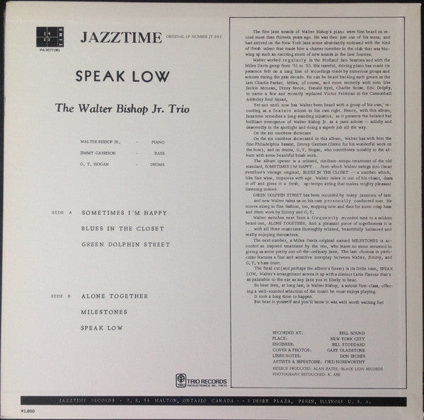 The Walter Bishop, Jr. Trio - Speak Low = スピーク・ロウ (Vinyl, LP, Album, Reissue, Mono) Very Good (VG) / Very Good Plus (VG+)