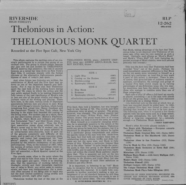 The Thelonious Monk Quartet - Thelonious In Action (Vinyl, LP, Album, Reissue, Stereo) Very Good Plus (VG+) / Very Good Plus (VG+)