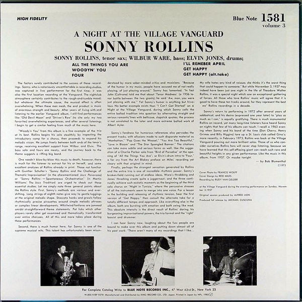 Sonny Rollins - A Night At The "Village Vanguard" Volume 3 (Vinyl, LP, Album, Mono) Near Mint (NM or M-) / Very Good Plus (VG+)