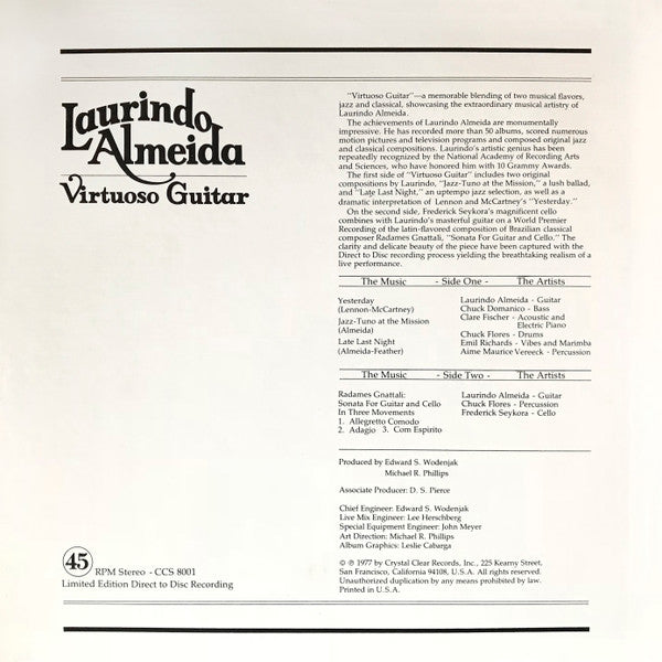 Laurindo Almeida - Virtuoso Guitar (Vinyl, LP, 45 RPM, Album, Limited Edition) Near Mint (NM or M-) / Very Good (VG)