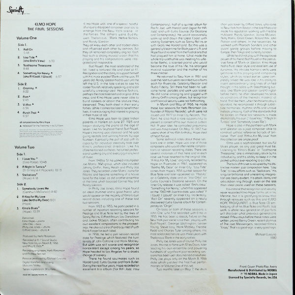 Elmo Hope Trio - The Final Sessions Vol.1 (Vinyl, LP, Reissue) Very Good Plus (VG+) / Very Good (VG)