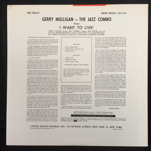 Gerry Mulligan - The Jazz Combo From "I Want To Live!" (Vinyl, LP, Album, Limited Edition, Reissue, Stereo) Very Good (VG) / Very Good (VG)