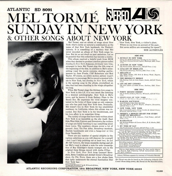 Mel Tormé - Sings Sunday In New York And Other Songs About New York (Vinyl, LP, Album, Reissue, Stereo) Very Good Plus (VG+) / Very Good (VG)