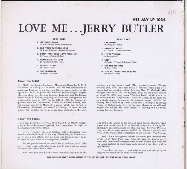 Jerry Butler - Love Me (Vinyl, LP, Album) Very Good (VG) / Good Plus (G+)