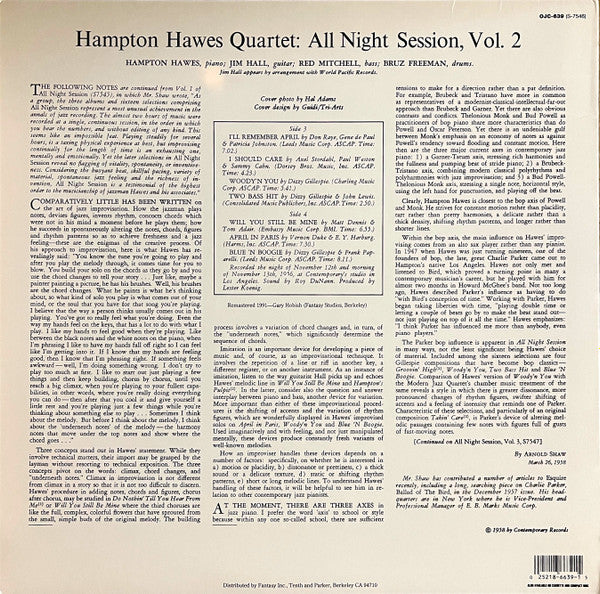 Hampton Hawes Quartet - All Night Session, Vol. 2 (Vinyl, LP, Album, Reissue, Remastered) Very Good Plus (VG+) / Very Good Plus (VG+)
