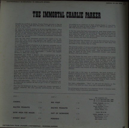 Charlie Parker - The Immortal Charlie Parker (Vinyl, LP, Compilation, Reissue, Stereo) Very Good (VG) / Good (G)