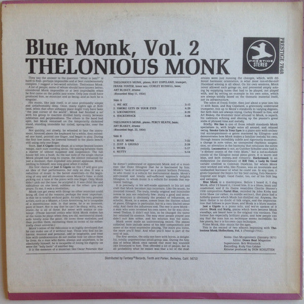 Thelonious Monk - Blue Monk, Vol. 2 (Vinyl, LP, Compilation, Remastered) Very Good (VG) / Very Good (VG)