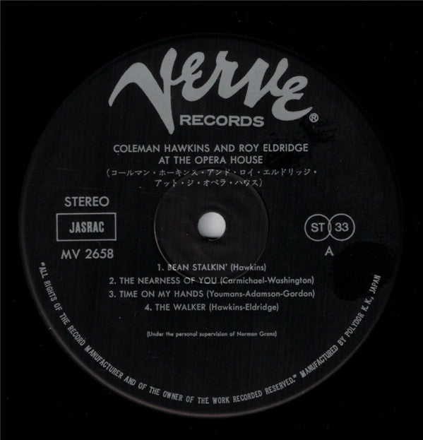 Coleman Hawkins - At The Opera House (Vinyl, LP, Album, Reissue, Stereo) Very Good Plus (VG+) / Very Good (VG)