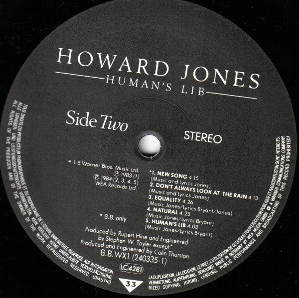 Howard Jones - Human's Lib (Vinyl, LP, Album, Stereo) Very Good (VG) / Very Good (VG)