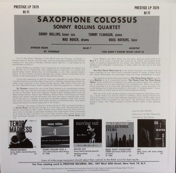 Sonny Rollins - Saxophone Colossus (Vinyl, LP, Album, Reissue, Mono) Very Good Plus (VG+) / Very Good Plus (VG+)