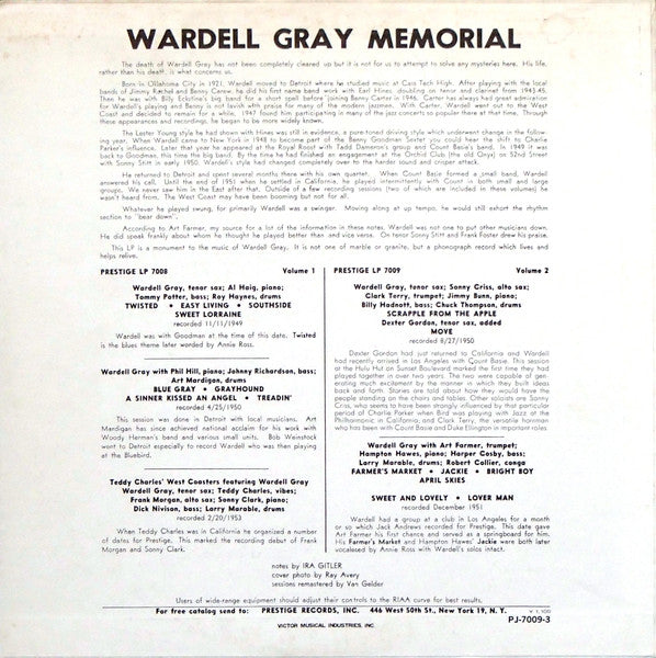 Wardell Gray - Memorial Volume Two (Vinyl, LP, Album, Mono, Reissue, Remastered) Very Good (VG) / Very Good (VG)