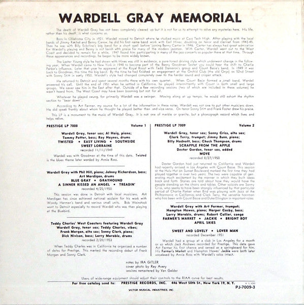 Wardell Gray - Memorial Volume Two (Vinyl, LP, Album, Mono, Reissue, Remastered) Very Good Plus (VG+) / Very Good Plus (VG+)