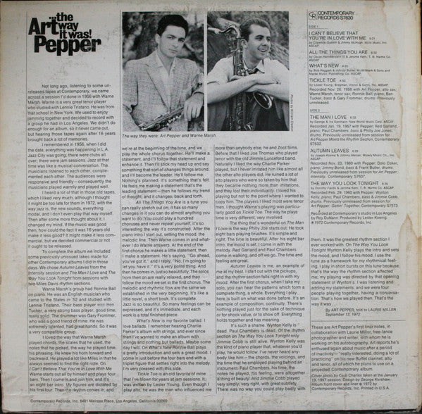 Art Pepper - ...The Way It Was! (Vinyl, LP, Album) Good Plus (G+) / Very Good Plus (VG+)