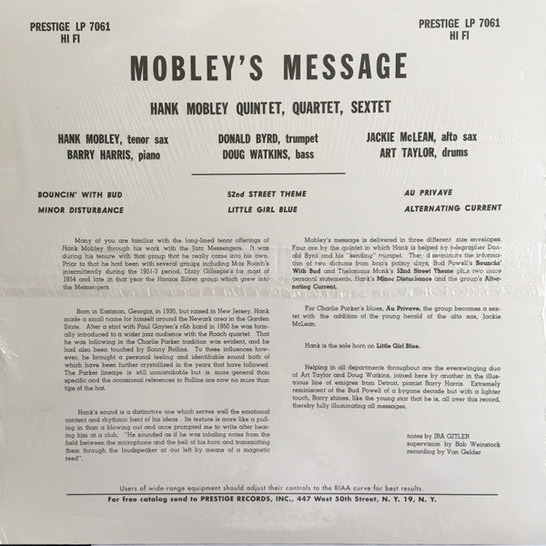 Hank Mobley - Mobley's Message (Vinyl, LP, Album, Reissue, Stereo) Near Mint (NM or M-) / Near Mint (NM or M-)