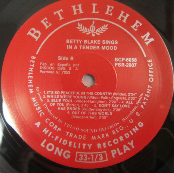 Betty Blake - Sings In A Tender Mood (Vinyl, LP, Album, Reissue, Mono) Near Mint (NM or M-) / Very Good Plus (VG+)