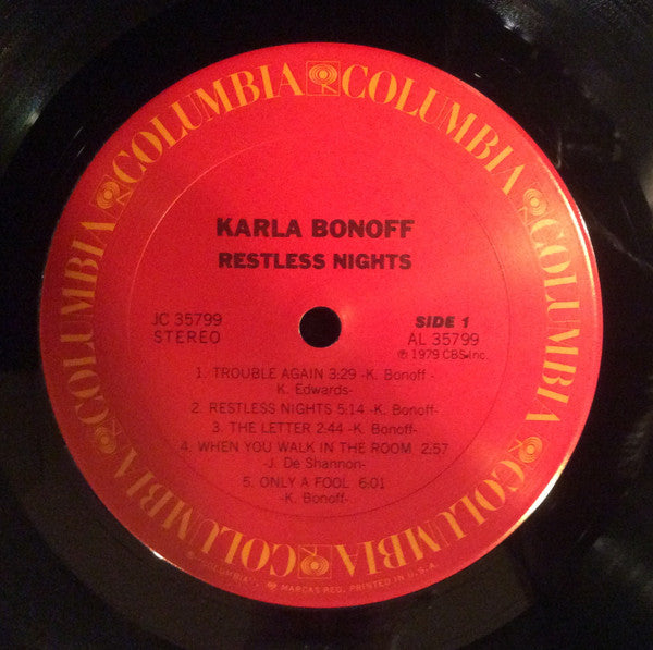Karla Bonoff - Restless Nights (Vinyl, LP, Album, Stereo) Very Good Plus (VG+) / Very Good (VG)