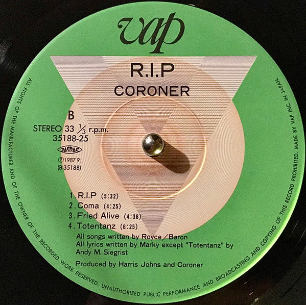 Coroner - R.I.P. (Vinyl, LP, Album) Near Mint (NM or M-) / Very Good Plus (VG+)
