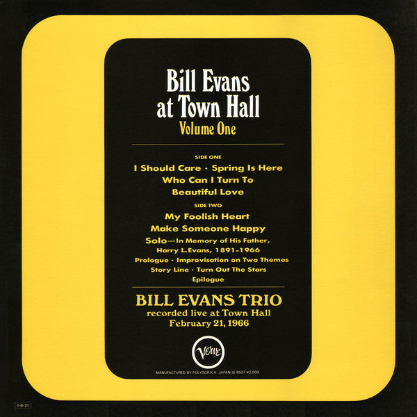 The Bill Evans Trio - Bill Evans At Town Hall (Volume One) (Vinyl, LP, Album, Reissue, Stereo) Near Mint (NM or M-) / Very Good (VG)