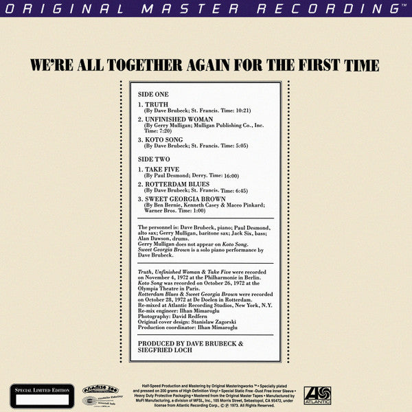 Dave Brubeck - We're All Together Again For The First Time (Vinyl, LP, Album, Reissue, Limited Edition) Very Good (VG) / Very Good Plus (VG+)