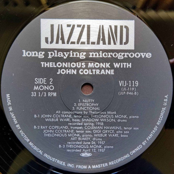 Thelonious Monk - Thelonious Monk With John Coltrane (Vinyl, LP, Album, Reissue, Mono) Very Good Plus (VG+) / Very Good (VG)