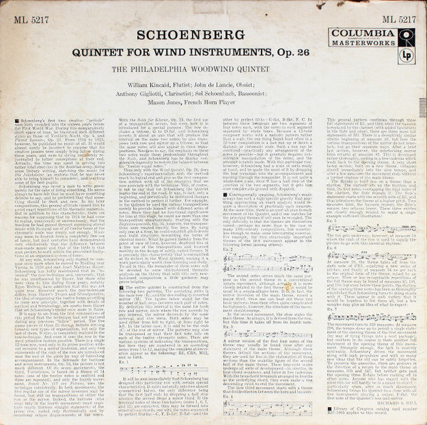 Arnold Schoenberg - Quintet For Wind Instruments, Op. 26 (Vinyl, LP, Mono) Very Good Plus (VG+) / Very Good Plus (VG+)