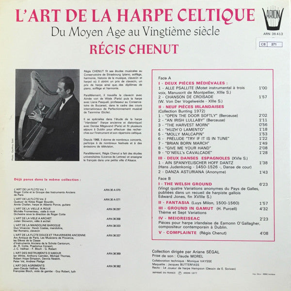 Régis Chenut - L'Art De La Harpe Celtique  Du Moyen Âge Au Vingtième Siècle (Vinyl, LP, Stereo) Very Good Plus (VG+) / Very Good Plus (VG+)
