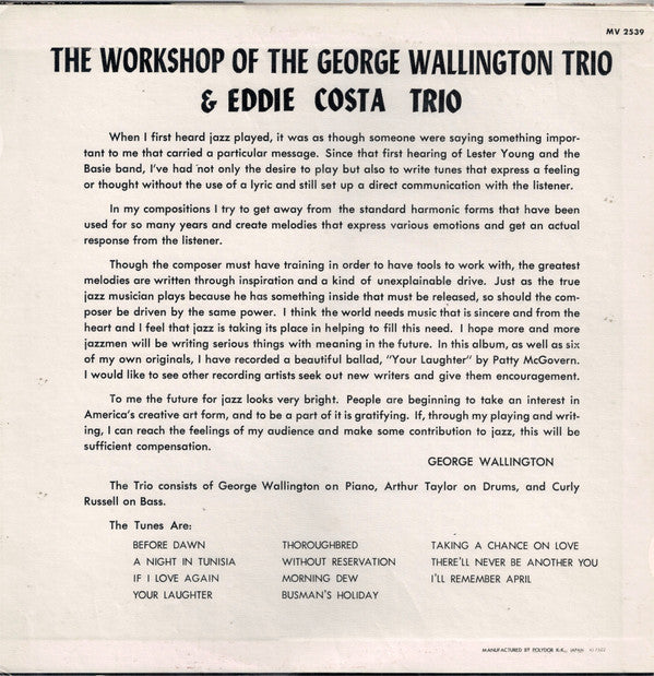 George Wallington Trio - The Workshop Of The George Wallington Trio & Eddie Costa Trio (Vinyl, LP, Album, Reissue, Mono) Very Good Plus (VG+) / Very Good Plus (VG+)