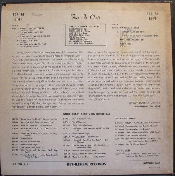 Chris Connor - This Is Chris (Vinyl, LP, Album, Mono) Good Plus (G+) / Good (G)